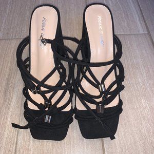 ARABELLA BLACK FAUX SUEDE STRAPPY BLOCK HIGH HEELS